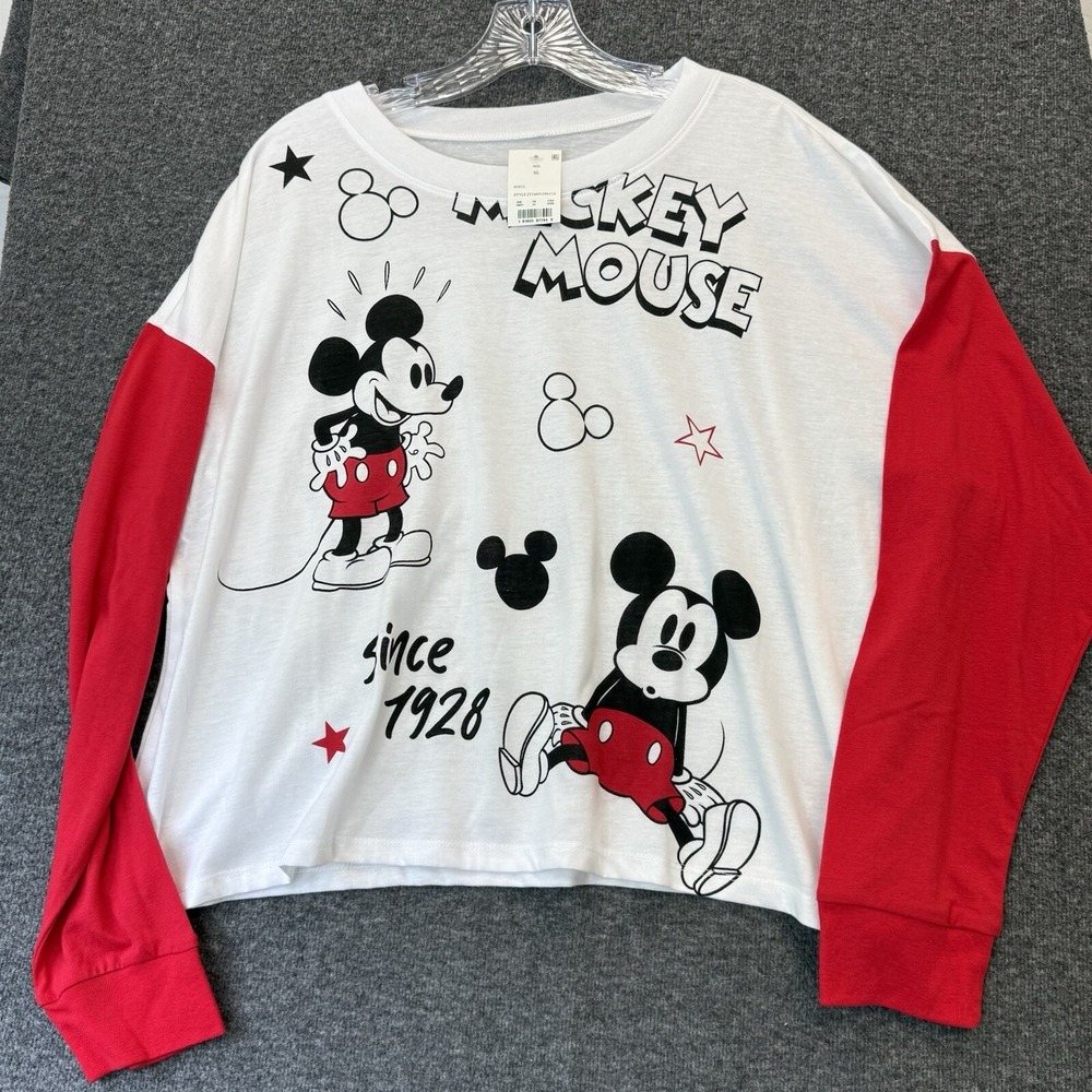 Disney Womens Mickey Mouse Pajama Tee Shirt Top Long Sleeve Red White Large NWT
